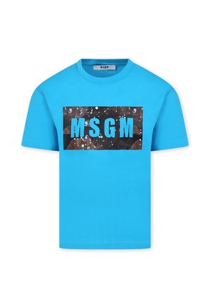 T-shirt in cotone blu con scollatura a girocollo, caratterizzato da una grafica rettangolare nera con "MSGM" in grassetto blu su uno sfondo puntinato.
