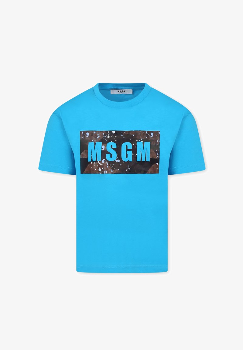 T-shirt in cotone blu con scollatura a girocollo, caratterizzato da una grafica rettangolare nera con "MSGM" in grassetto blu su uno sfondo puntinato.