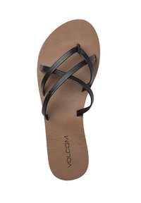 Sort sandaler med stropper og en struktureret brun sål. Har tynde sorte stropper, der krydser over fodsengen. Brandlogoet er synligt på sålen.
