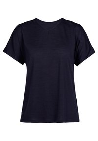 T-shirt blu navy con scollatura a V, maniche corte, texture morbida e vestibilità rilassata. Nessun motivo o accessorio visibile. Finitura liscia.