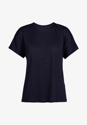 Mørkeblå T-shirt med V-hals, korte ærmer, blød tekstur og afslappet pasform. Ingen mønstre eller metaldele synlige. Glat overflade.