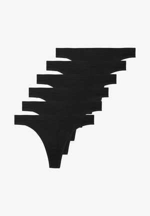 Black cotton thong panties, featuring a minimalist design with thin elastic bands. Soft texture, seven pairs arranged sequentially.