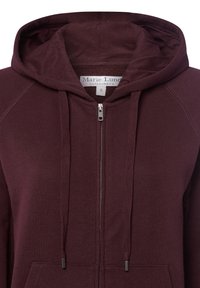 Burgundowa bluza z kapturem na zamek błyskawiczny, wykonana z miękkiego materiału. Posiada raglanowe rękawy oraz przednią kieszeń z metalowym zamkiem.