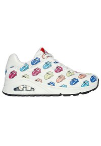 Sneaker bianco con suola a cuscino d'aria, caratterizzata da un motivo colorato di labbra in blu, rosa, verde e arancione sulla parte superiore. Suola nera.