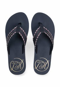 Infradito blu navy con una suola in gomma testurizzata, dotati di un cinturino intrecciato nei colori blu, rosso e bianco, e un logo dorato sulla soletta.