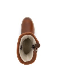 Bruine leren enkellaars met een zachte crèmekleurige voering, ronde neus en een klein zijgespelde detail. Gladde buitenkant met een gestikte naad.