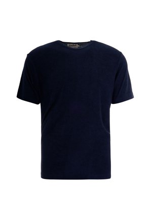 T-shirt blu navy a maniche corte con scollo a girocollo, con una texture sottile e un'etichetta cucita sul colletto.
