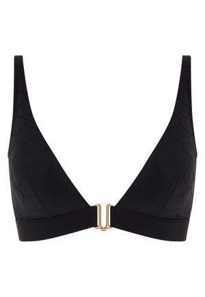 Svart bh med teksturert mønster, trekantet form, brede stropper og en gullfarget lås i midten foran for lukking.