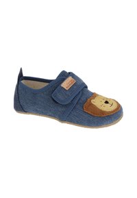 Scarpa in tessuto blu con una fascia in velcro, caratterizzata da un design di faccia di leone sulla punta, texture morbida e suola in gomma beige.