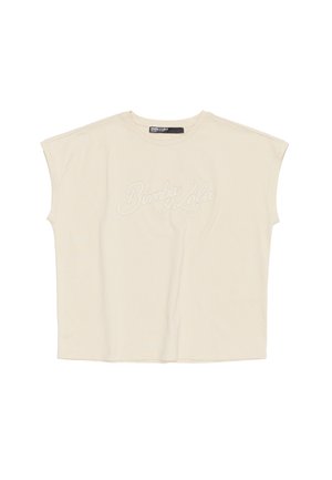 Lichtbeige katoenen T-shirt met korte, gestructureerde mouwen. Voorzien van geborduurd "Bimba Lola" logo op de voorkant. Soepele textuur, relaxte pasvorm.