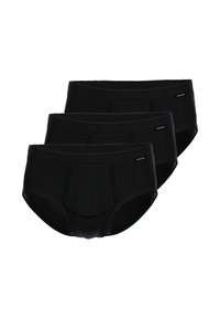Schwarze Herrenunterhosen im Dreierpack, mit geribbelter Textur und elastischem Bund. Der Stoff wirkt glatt und dehnbar.