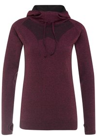 Hoodie i mörk vinröd med en strukturerad svart panel vid bröstet, förlängda ärmar med tumhål och en avslappnad passform.