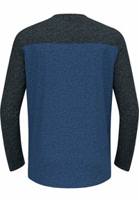 Langärmliges Shirt in Blau und Dunkelgrau, aus weichem Stoff gefertigt. Verfügt über ein Farbblockdesign mit abgerundetem Saum und nahtlosem Schulterbereich.