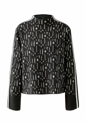 Pull à col roulé en maille gris foncé avec un motif noir et blanc audacieux, des poignets côtelés et des rayures blanches sur les côtés. Texture douce, coupe courte.