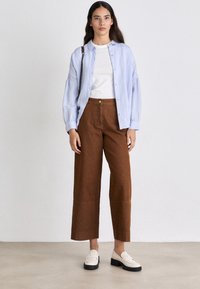 Chemise boutonnée rayée bleu clair superposée à un t-shirt blanc, associée à un pantalon large couleur rouille et des mocassins blancs avec des semelles noires.