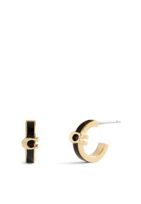 Gold-tone hoop earrings featuring a black enamel inlay, circular shape, and a unique clasp accent on one side for added detail.