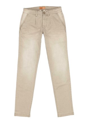 Beige Baumwollhosen mit geradem Schnitt, ausgestattet mit Fronttaschen, einem Reißverschluss und einem Logotag am Bund.