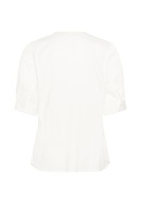 Bluză albă cu mâneci scurte pufoase și decolteu rotund. Fabricată dintr-un material neted, prezintă detalii cu nasturi la manșete. Design simplu.