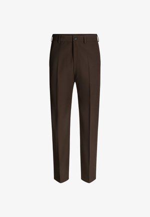 Braune, maßgeschneiderte Hose aus Stoff. Verfügt über eine glatte Vorderseite, Bügelfalte, Gürtelschlaufen und einen einzelknopfverschluss. Glatte Textur, gerade Passform.