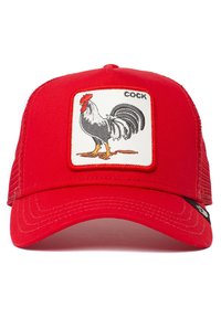 Casquette rouge avec un patch carré blanc, illustré d'un coq gris, et le mot "COQ" au-dessus. Fabriquée en tissu avec une conception structurée.