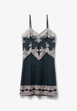 Dark teal nightgown with sheer texture, lace detailing around the neckline and hem, adjustable thin straps, and floral pattern accents.