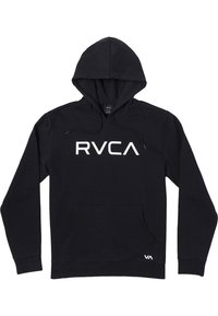 Black hoodie with a kangaroo pocket, drawstring hood, and white "RVCA" logo on the front. Made of soft fabric with a smooth texture.