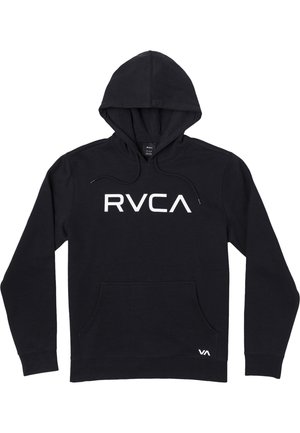 Zwarte hoodie met een kangoeroezak, capuchon met trekkoord en een witte "RVCA" logo aan de voorkant. Gemaakt van zachte stof met een gladde textuur.