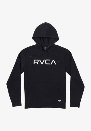 Felpa nera con cappuccio a scomparsa, tasca a marsupio, e logo bianco "RVCA" sulla parte anteriore. Realizzata in morbido tessuto con una superficie liscia.