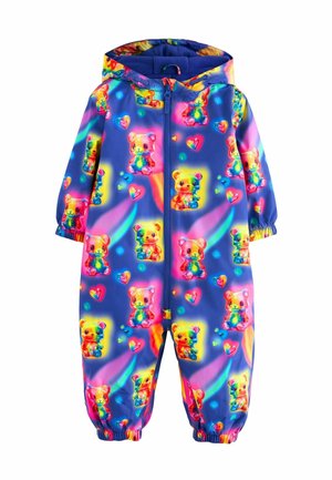 Combinaison bleue à capuche pour enfants avec motifs d'ourson et de cœur aux couleurs de l'arc-en-ciel, fermeture éclair avant et poignets élastiques aux manches et aux jambes.