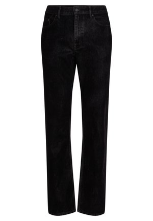 Schwarze Jeans aus Denim mit geradem Schnitt, ausgestattet mit einem Knopfverschluss, Gürtelschlaufen und zwei vorderen Taschen. Strukturiertem Stoff mit einem subtilen Glanz.