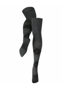 Calze grigie al ginocchio con un motivo argyle in tonalità di nero e grigio, realizzate in materiale testurizzato e con una sezione del piede in un grigio scuro uniforme.