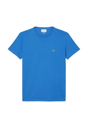Blue cotton T-shirt with a crew neckline and short sleeves. Features a small green embroidered crocodile logo on the left chest.