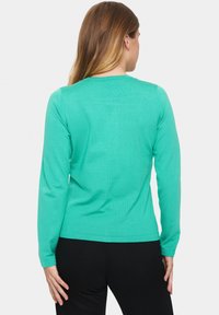 Pikend varrukatega, ümarate kaelustega helesinine tekstuuriga kampsun. Omab istuvaid mansette ja allääri, kantud mustade pükste peal.