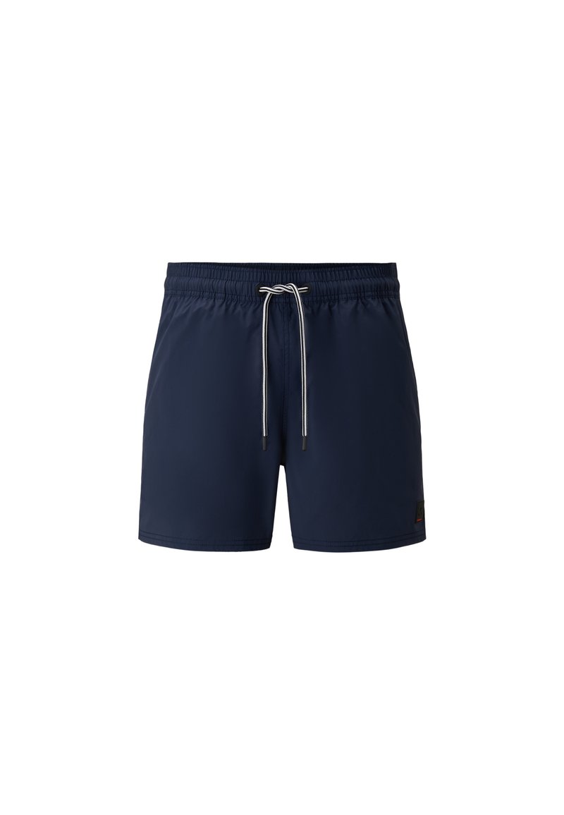 Marineblaue Badeshorts mit elastischem Bund, Kordelzugverschluss und kleinem Markenlabel an der Unterseite. Weicher, leichter Stoff.