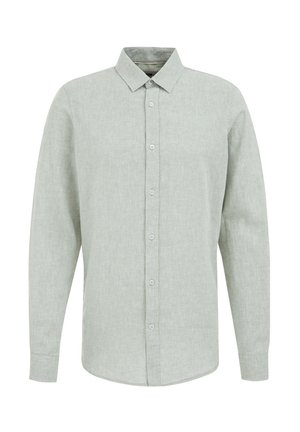 Svetlozelená košeľa s dlhými rukávmi vyrobená z tkaniny, s klasickým golierom, zapínaním na gombíky a jemným textúrovaným vzorom.