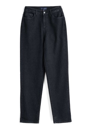 Højtaljerede sorte jeans lavet af denim, med lige ben, fem lommer, frontlukning med knap og minimal falming.