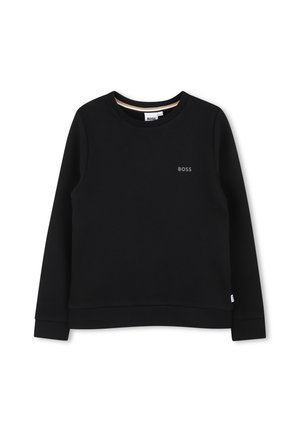 Schwarzer Pullover aus weichem Stoff, mit Rundhalsausschnitt, langen Ärmeln und dezentem "BOSS"-Logo auf der Brust. Minimalistisches Design.