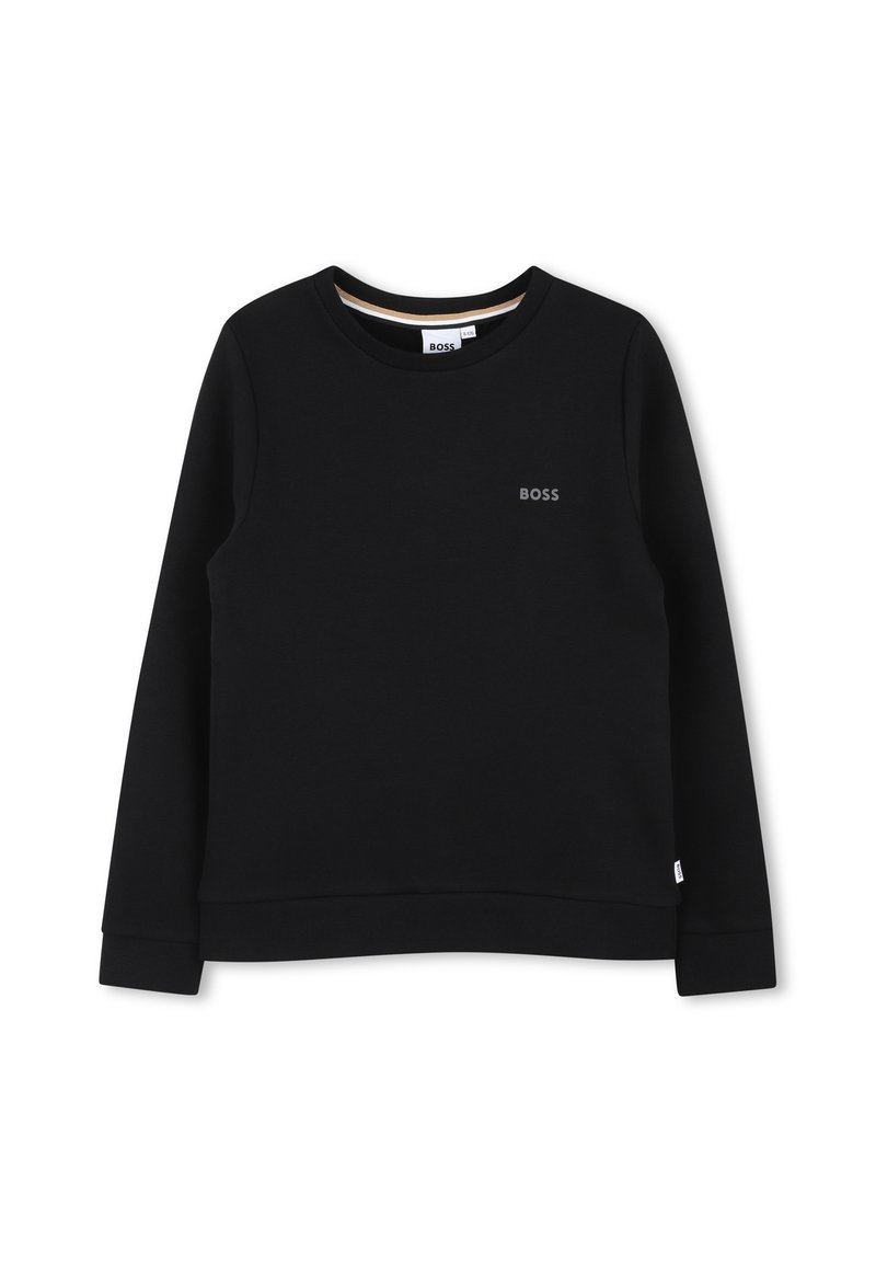 Μαύρη φούτερ φούτερ από μαλακό ύφασμα, με στρογγυλή λαιμόκοψη, μακριά μανίκια και διακριτό λογότυπο "BOSS" στο στήθος. Μινιμαλιστικός σχεδιασμός.