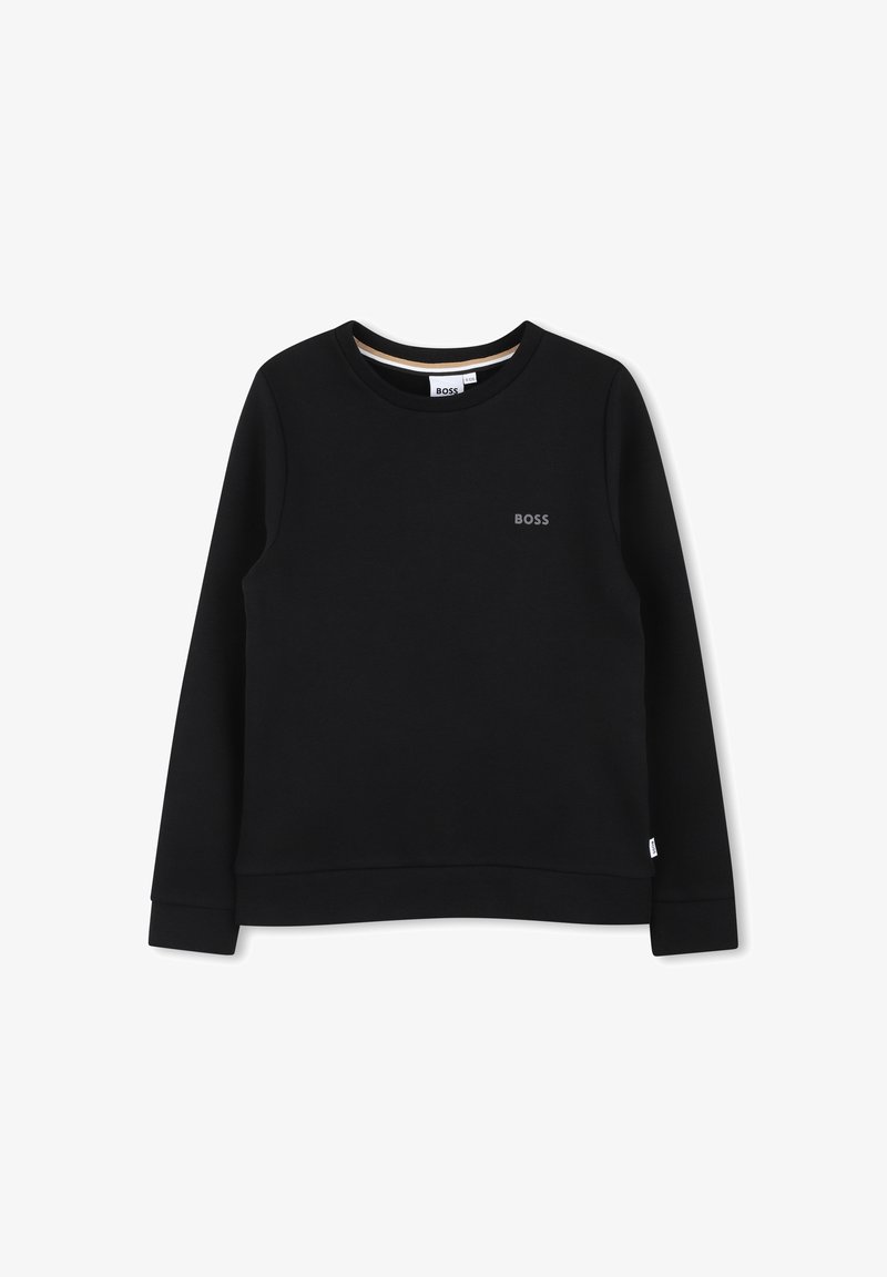 Sweatshirt preto feito de tecido macio, com gola redonda, mangas compridas e um discreto logotipo "BOSS" no peito. Design minimalista.