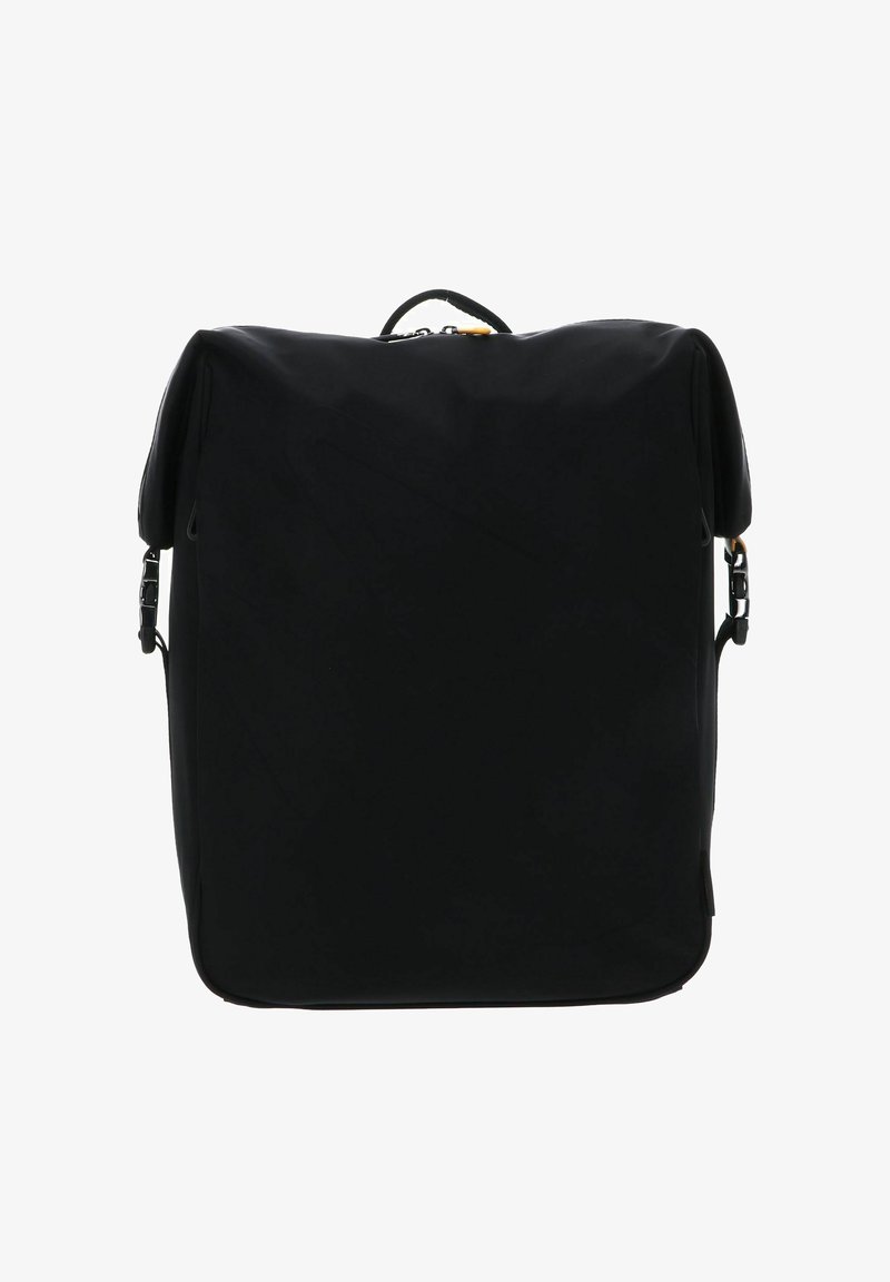 Sac à dos noir de forme rectangulaire, fabriqué en tissu texturé. Il possède des bretelles réglables et une poignée supérieure pour le transport.