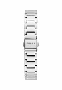 Reloj de acero inoxidable plateado con una banda de eslabones, con un cierre que lleva la grabación "FURLA"; diseño rectangular estilizado con un acabado pulido.