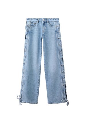 Hellblaue Denim-Jeans mit weitem Bein und Schnürdetails, die an der Außenseite beider Hosenbeine verlaufen und an den Säumen gebunden sind.