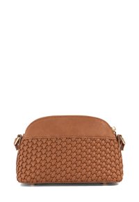 Tan leather handbag with woven texture on the lower half, smooth upper section, rounded top, and a gold zipper closure.