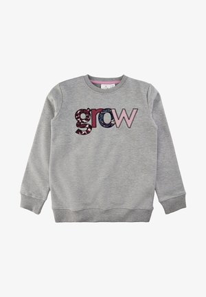 Szary sweterek z okrągłym dekoltem i długimi rękawami. Posiada słowo "grow" wyszyte kolorowymi literami o różnych fakturach.