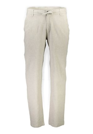 Helle beige Leinenhose mit einem Kordelzugbund, geradem Bein, subtiler Textur und Fronttaschen. Keine sichtbaren Metallteile oder Muster.