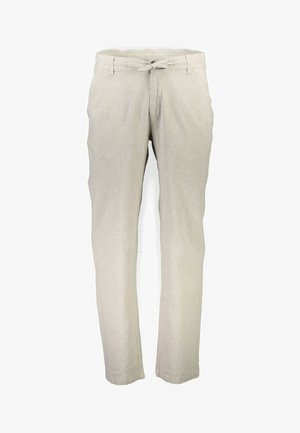 Helle beige Leinenhose mit einem Kordelzugbund, geradem Bein, subtiler Textur und Fronttaschen. Keine sichtbaren Metallteile oder Muster.