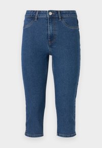 Pantalons capri en denim bleu foncé avec taille haute, cinq poches et coutures contrastantes. Comprend un bouton en métal unique et un léger effilochement à l'ourlet.