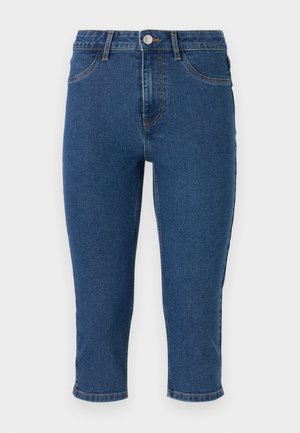 Dark blue denim capri pants with a high waist, five pockets, and contrasting stitching. Features a single metal button and slight tapering at the hem.