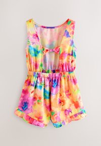 Tuta senza maniche colorata con motivo tie-dye floreale in rosa, giallo, verde e blu. Vita elasticizzata e dettagli con orlo arricciato.