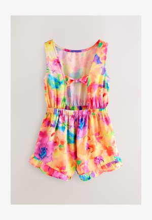 Színes ujjatlan overál, virágos batikolás mintával rózsaszín, sárga, zöld és kék árnyalatokban. Rugalmas derékrész és fodros szegélydíszek.